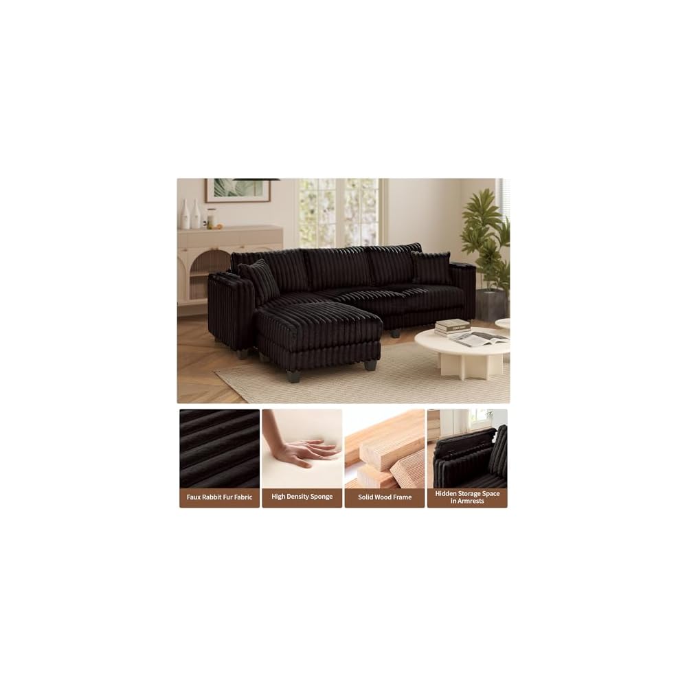 AVZEAR L Shaped Faux Rabbit Fur Fabric Sectional Couch, Modern Cloud Modular Sofa with Movable Ottoman and 2 Pillows, Small Sectional Convertible Couch for Living Room, Bedroom and Apartment, Black