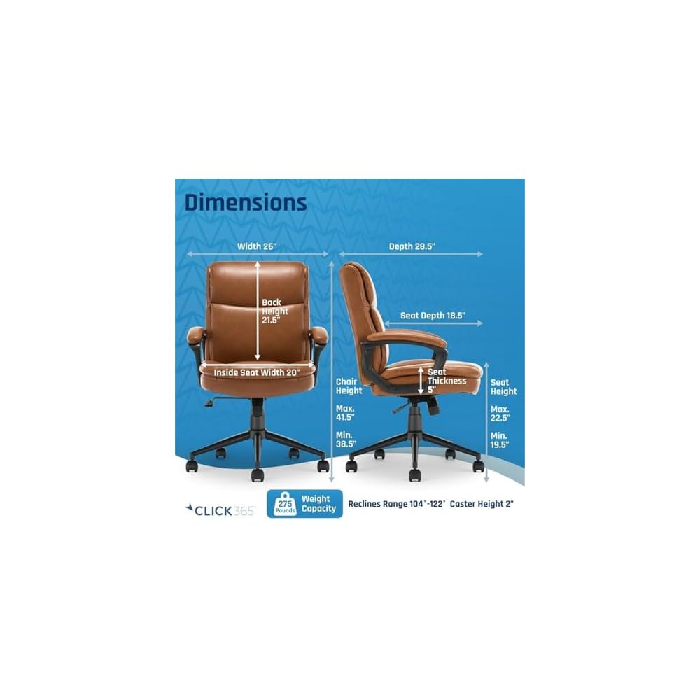 Pemberly Row Ergonomic Mid Back Desk Chair, Bonded Leather Cognac Upholstery, Adjustable Height, Heavy Duty Metal Base, Plush Padded Seat and Back, Swivel Design, Home Office or Conference Room Use