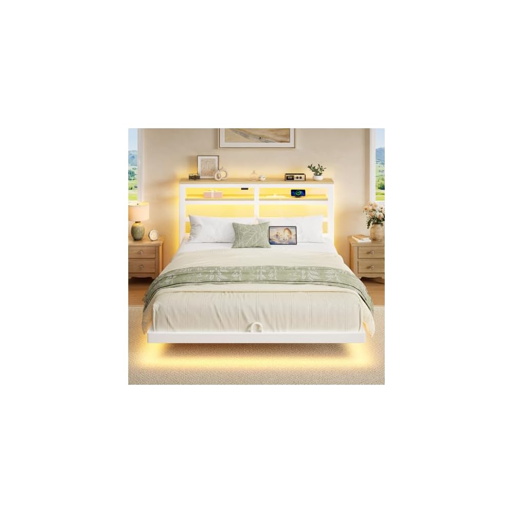 Floating Bed Frame Full Size with Storage Headboard,Modern Metal Platform with Smart LED Lights and Charging Station,Metal Slat Support,No Box Spring,Easy Assembly,Noise-Free,White
