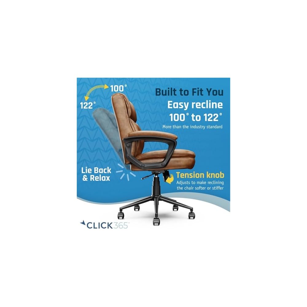 Pemberly Row Ergonomic Mid Back Desk Chair, Bonded Leather Cognac Upholstery, Adjustable Height, Heavy Duty Metal Base, Plush Padded Seat and Back, Swivel Design, Home Office or Conference Room Use
