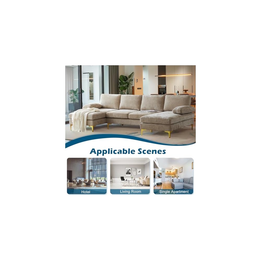 VINGLI 110" Large U-Shape Sectional Sofa Couch with 51" D Double Chaise for Living Room, Modern Sectional Couch Set with Soft 5.9" Thickness Seating Padding, Chenille Fabric,Metal Gold Legs(Khaki)
