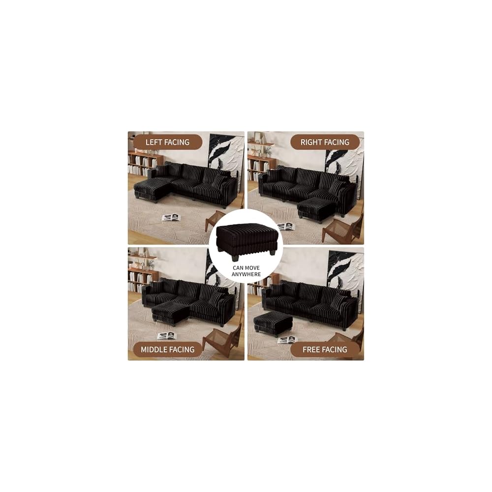 AVZEAR L Shaped Faux Rabbit Fur Fabric Sectional Couch, Modern Cloud Modular Sofa with Movable Ottoman and 2 Pillows, Small Sectional Convertible Couch for Living Room, Bedroom and Apartment, Black