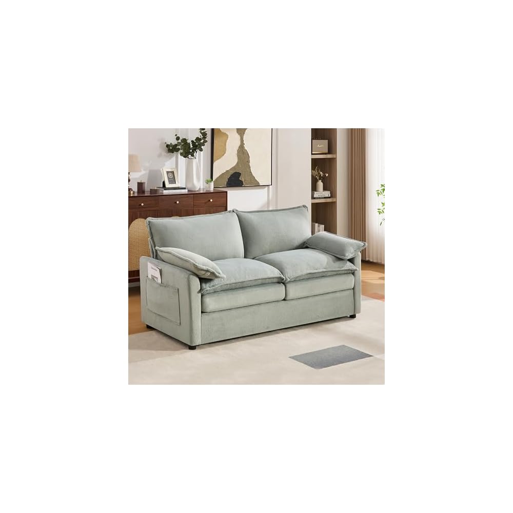 GDFStudio Modern Faux Fur Loveseat Sofa, 2 Seat Plush Upholstered Couch with Double Layer Cushion, 2 Lumbar Pillows, Side Storage Pockets, Soft Comfy Living Room Sofa for Apartment Bedroom, Green