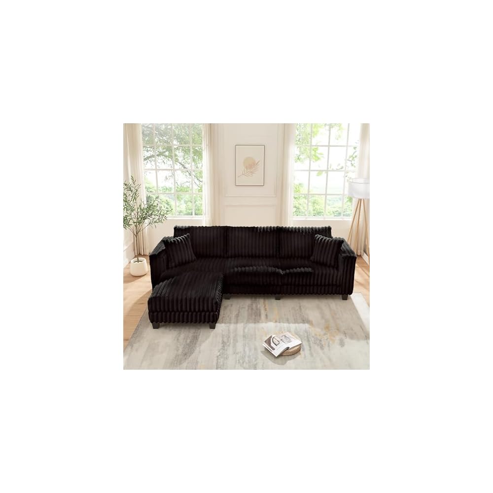 AVZEAR L Shaped Faux Rabbit Fur Fabric Sectional Couch, Modern Cloud Modular Sofa with Movable Ottoman and 2 Pillows, Small Sectional Convertible Couch for Living Room, Bedroom and Apartment, Black