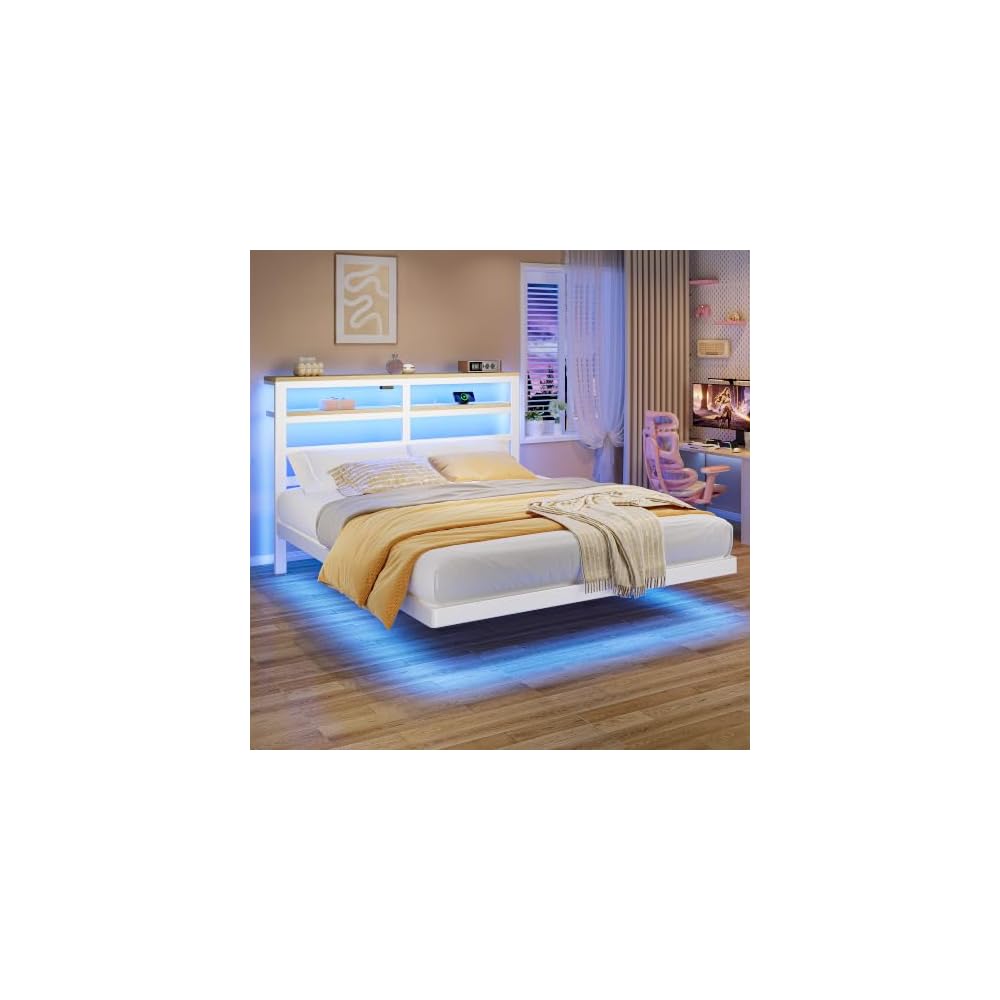 Floating Bed Frame Full Size with Storage Headboard,Modern Metal Platform with Smart LED Lights and Charging Station,Metal Slat Support,No Box Spring,Easy Assembly,Noise-Free,White