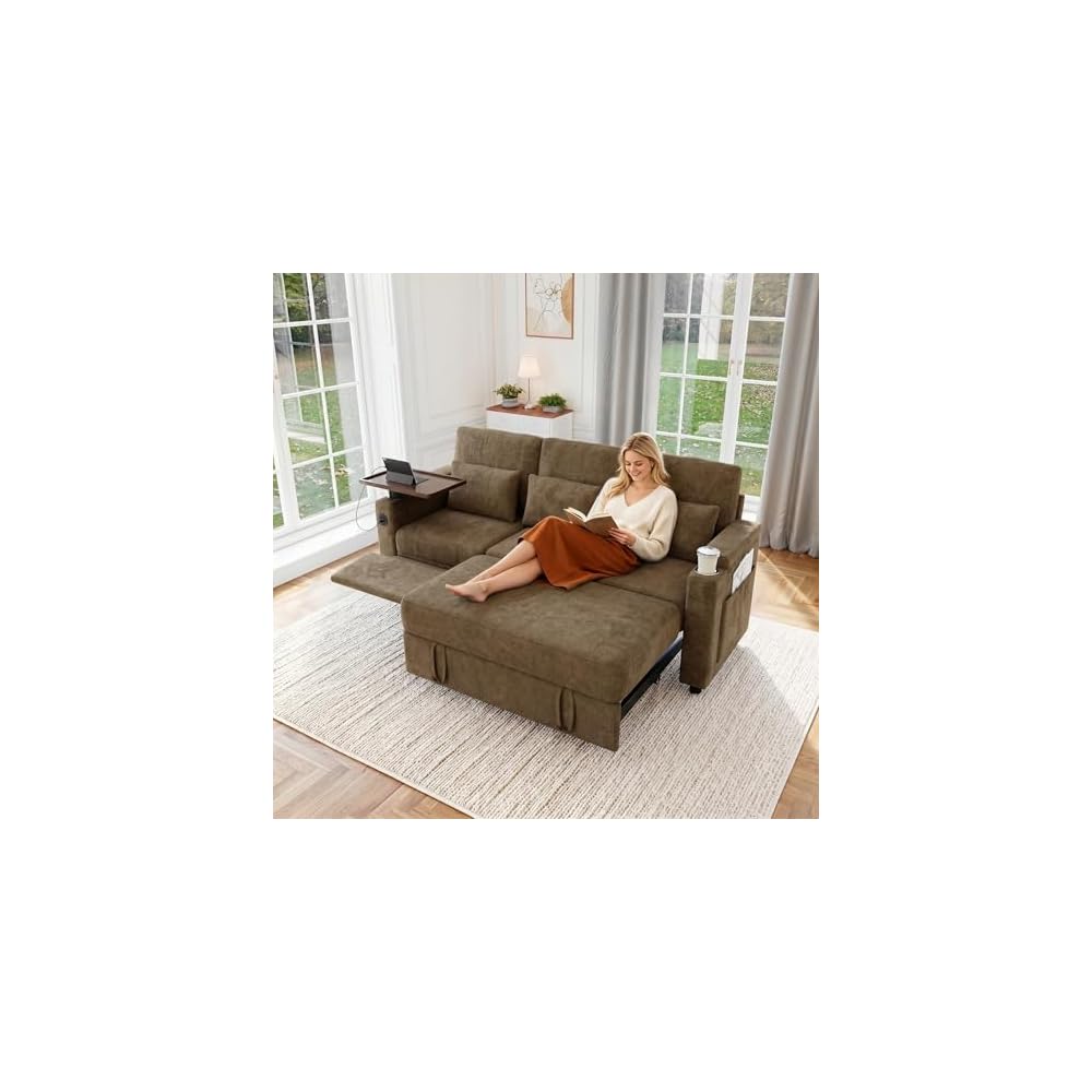 83" Sleeper Sofa with Pull Out Couch Bed, 2 in 1 L-Shaped Couch with Removable Cover|6-Position Back|Side Table&Pocket|USB Port, sectional couches for Living Room,Khaki