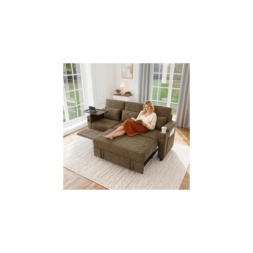 83" Sleeper Sofa with Pull Out Couch Bed, 2 in 1 L-Shaped Couch with Removable Cover|6-Position Back|Side Table&Pocket|USB Port, sectional couches for Living Room,Khaki