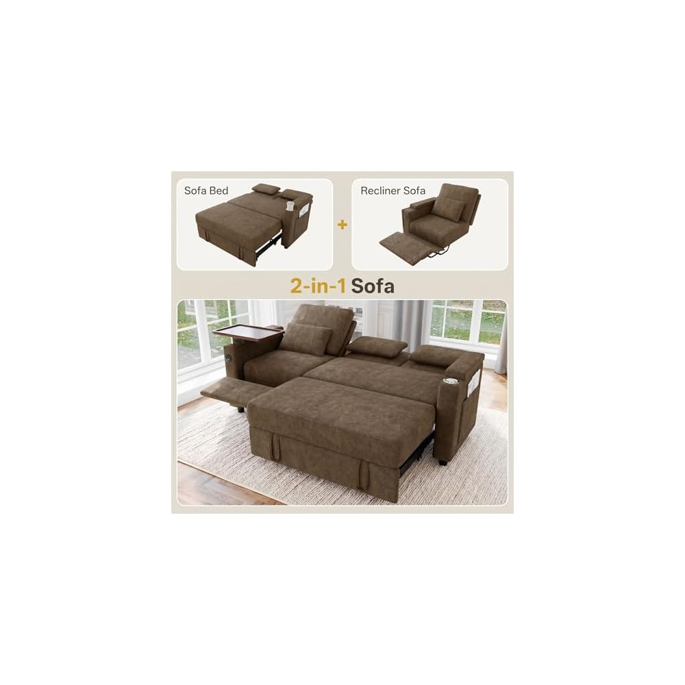 83" Sleeper Sofa with Pull Out Couch Bed, 2 in 1 L-Shaped Couch with Removable Cover|6-Position Back|Side Table&Pocket|USB Port, sectional couches for Living Room,Khaki