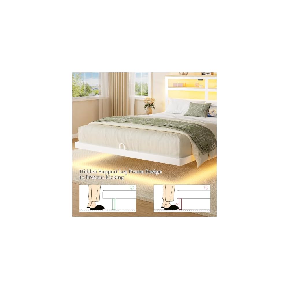 Floating Bed Frame Full Size with Storage Headboard,Modern Metal Platform with Smart LED Lights and Charging Station,Metal Slat Support,No Box Spring,Easy Assembly,Noise-Free,White