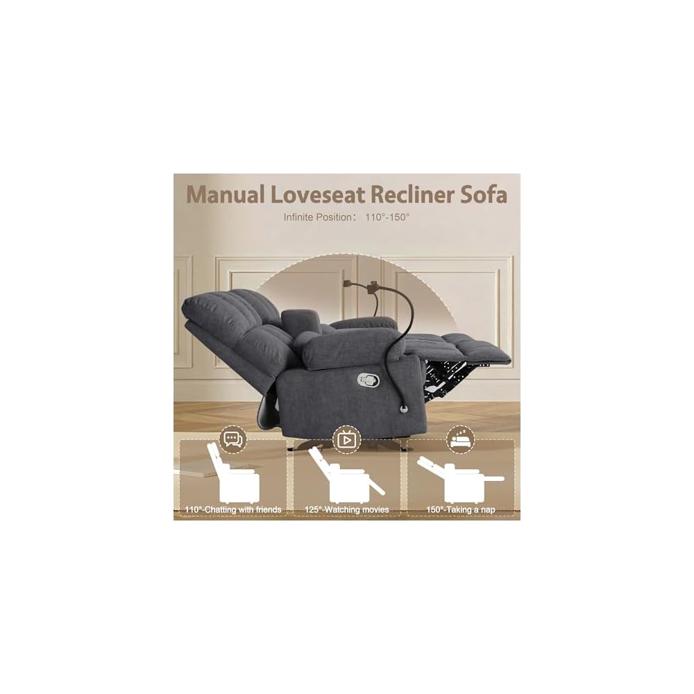 Reclining Loveseat with Rocker Function,Cat-Proof Loveseat Recliner Sofa with Phone Holder/USB/Type C, RV Double Rocker Reclining Couch for Home Theater,Living Room (Gray)