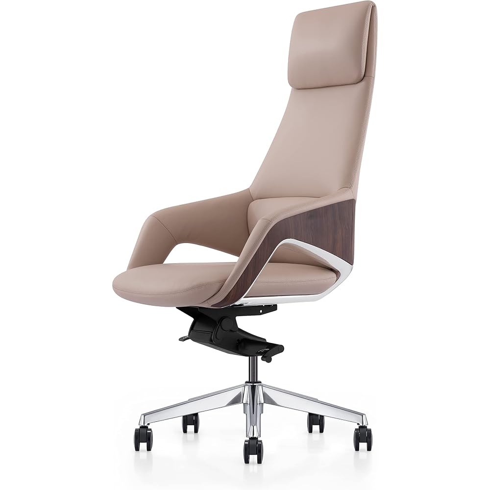 Limari Home Melrost Collection Modern High Back Adjustable Genuine Leather Executive Office Chair, Beige, Silver