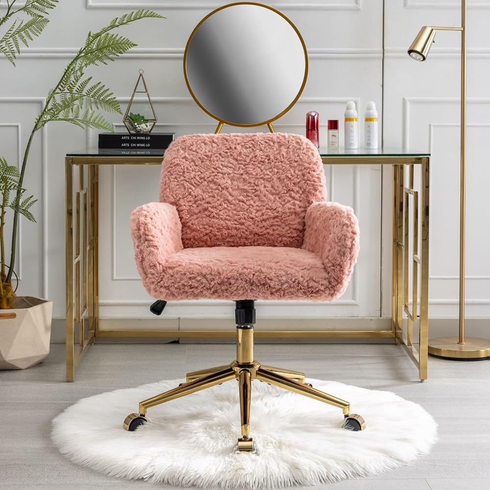 Office Chair,Artificial Rabbit Hair Home Office Chair with Golden Metal Base,Adjustable Desk Chair Swivel Office Chair,VaniChair(Pink)
