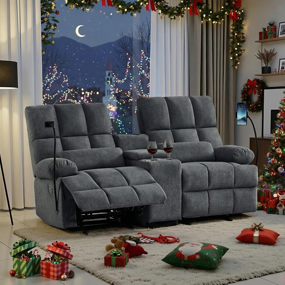 Reclining Loveseat with Rocker Function,Cat-Proof Loveseat Recliner Sofa with Phone Holder/USB/Type C, RV Double Rocker Reclining Couch for Home Theater,Living Room (Gray)