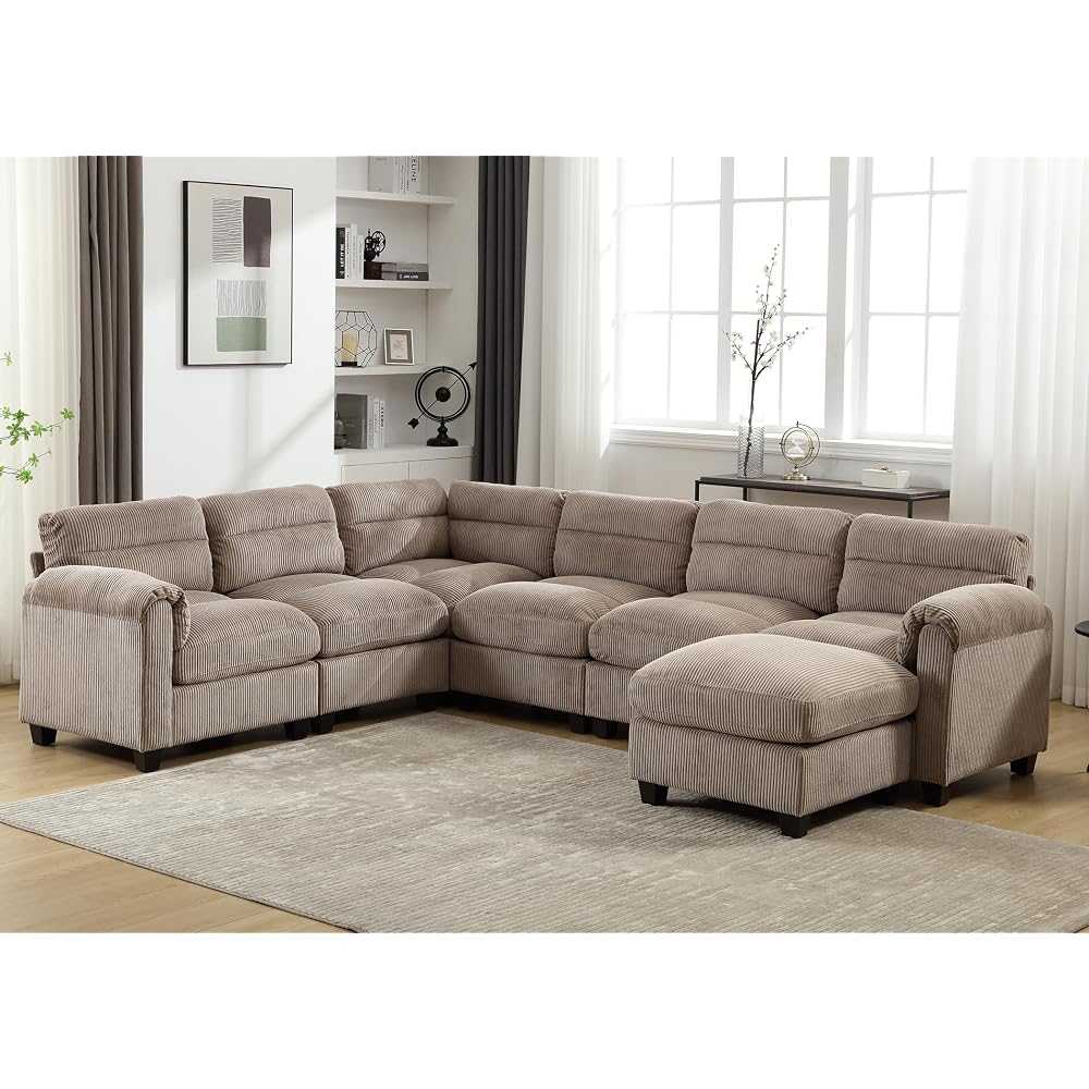 CANMOV Modular Sectional Couches with Ottoman, Convertible U Shaped Sofa, 7 Seat Sofa Couch with Chaise for Living Room, Corduroy Couch, Brown