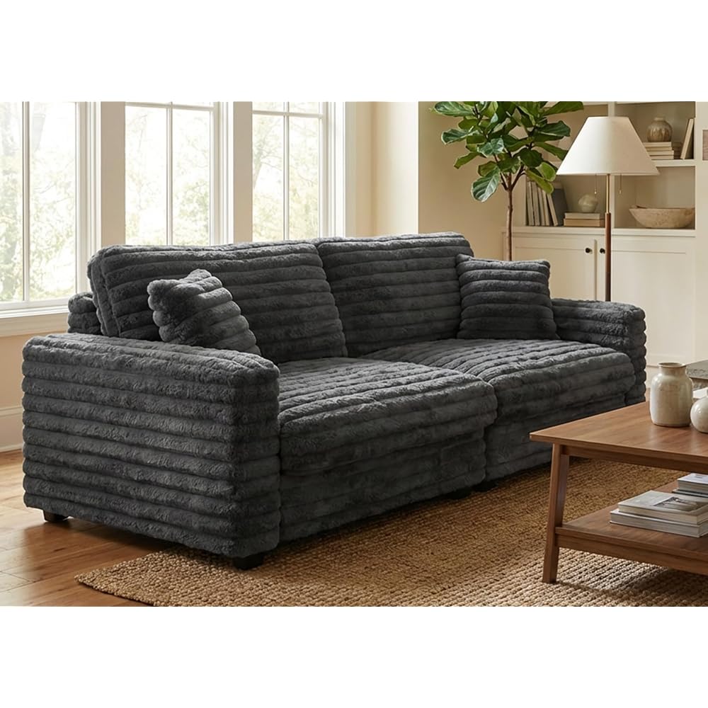 78.7" Corduroy Love Seat Sofa, Cloud Deep Seat Couch with Legs 2 Pillows, Fluff Corduroy Loveseat for Small Space, Living Rooms and Apartment, Dark Grey