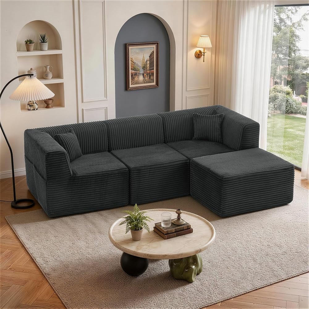 Korser 100" L-Shaped Boneless Couches with Chaise, Modular Sectional Sofa with Deep Seat, Cloud Sectional Couch for Living Room Bedroom, No Assembly Required, Side Pockets, Memory Foam, Grey