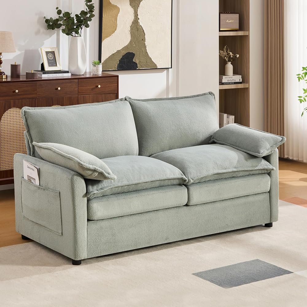 GDFStudio Modern Faux Fur Loveseat Sofa, 2 Seat Plush Upholstered Couch with Double Layer Cushion, 2 Lumbar Pillows, Side Storage Pockets, Soft Comfy Living Room Sofa for Apartment Bedroom, Green