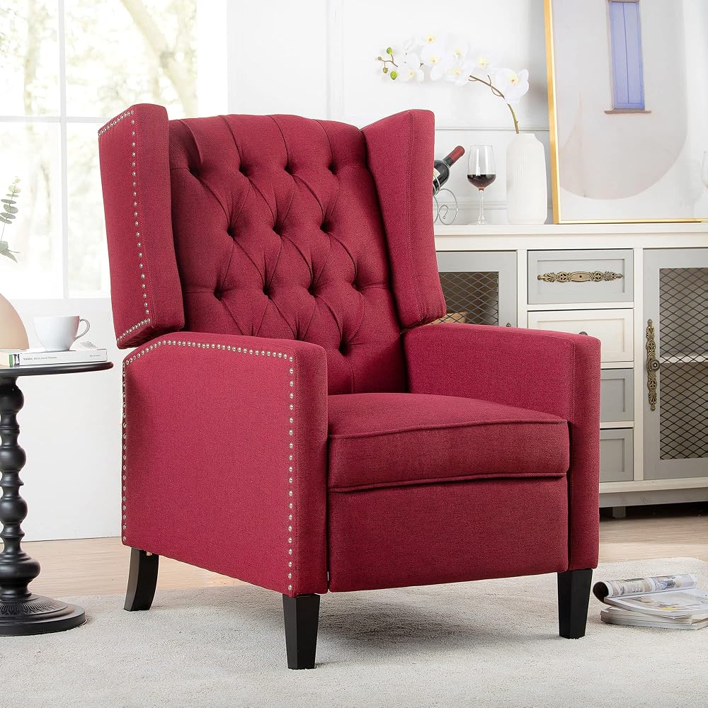 GDFStudio Upholstered Manual Wingback Recliner Chair, Mid Century Modern Comfortable Chair Couches with Button Tufted Back & Footrest, Lounge Armchair Accent Easy Couches for Living Room, Wine Red