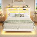 Floating Bed Frame Full Size with Storage Headboard,Modern Metal Platform with Smart LED Lights and Charging Station,Metal Slat Support,No Box Spring,Easy Assembly,Noise-Free,White