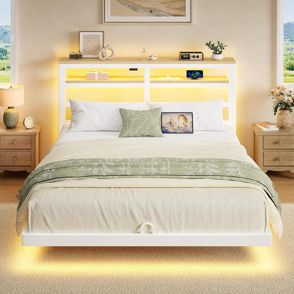 Floating Bed Frame Full Size with Storage Headboard,Modern Metal Platform with Smart LED Lights and Charging Station,Metal Slat Support,No Box Spring,Easy Assembly,Noise-Free,White
