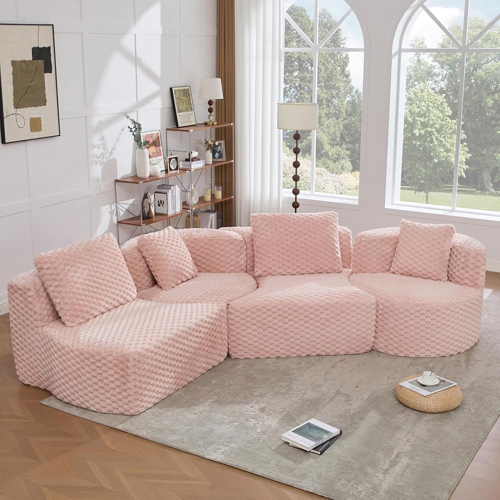 P PURLOVE Modular Sectional Sofa Boneless Sofa Plush Upholstered Couch for Living Room (Pink)