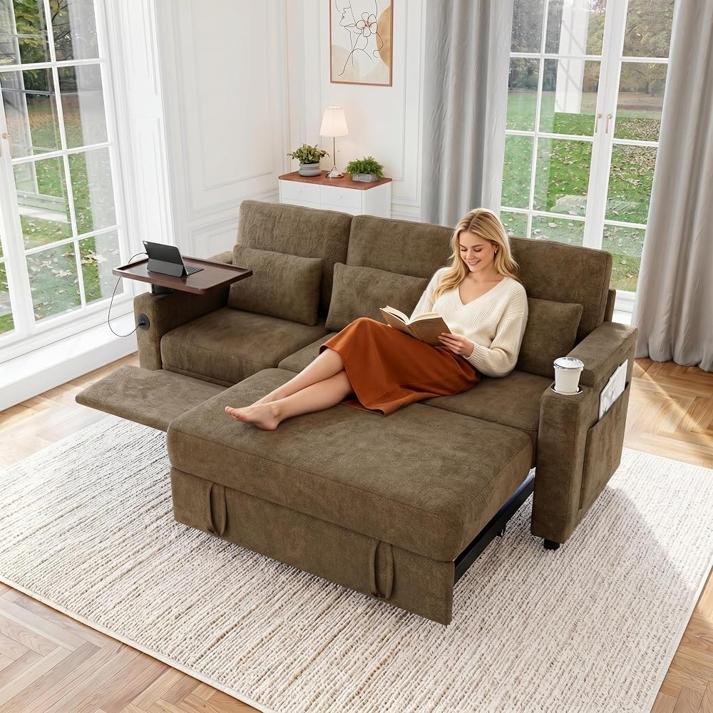 83" Sleeper Sofa with Pull Out Couch Bed, 2 in 1 L-Shaped Couch with Removable Cover|6-Position Back|Side Table&Pocket|USB Port, sectional couches for Living Room,Khaki